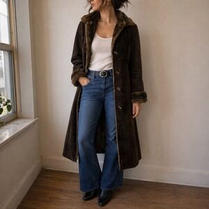 Vintage Brown Suede Penny Lane Coat Faux Fur Trim Petite M 70s Boho 70s